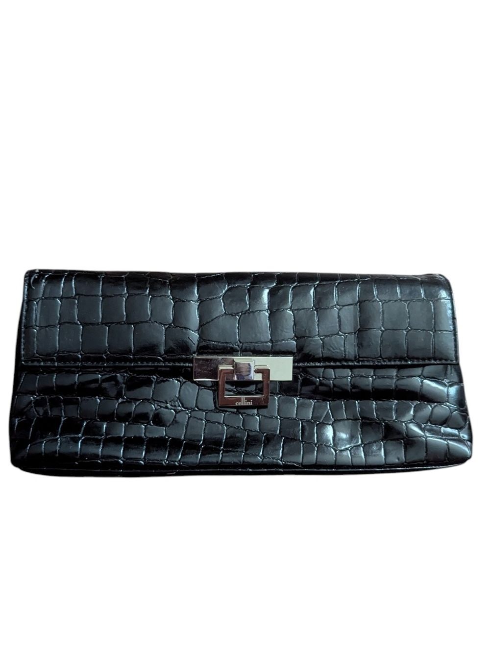 Cellini Black Crocodile Embossed Cowhide Leather Clutch